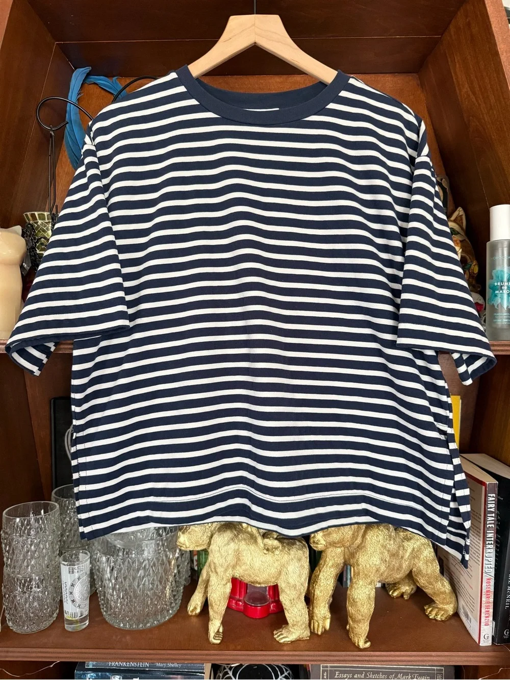 Zara - Boxy Nautical Striped Short-Sleeve Tee - Navy / White - Women’s Large